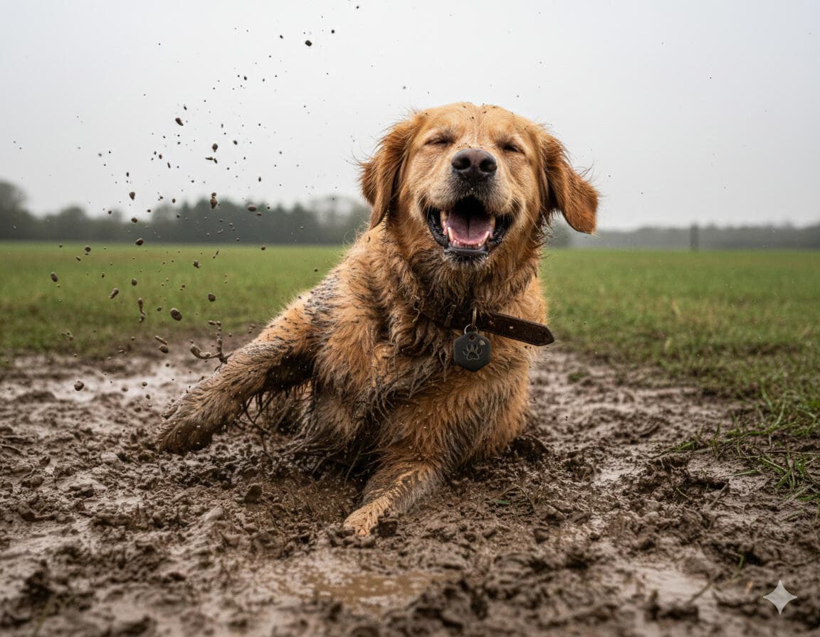 Golden retriever felice nel fango con il tag patME al collare