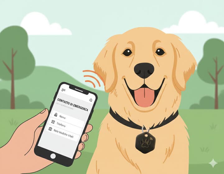 Smartphone avvicinato al tag NFC patME sul collare del cane