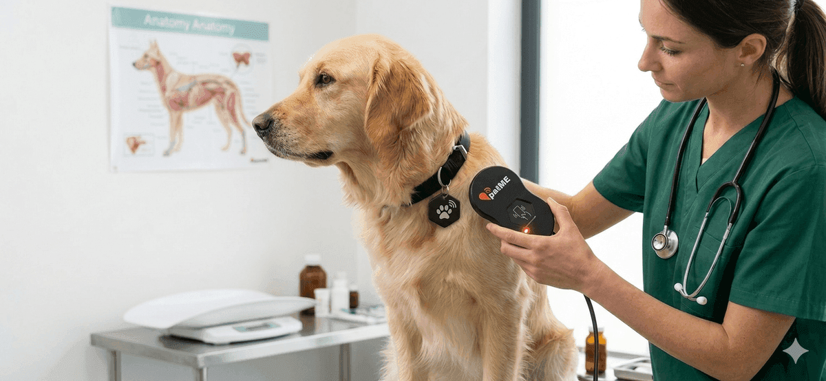 Veterinaria scansiona il tag NFC patME su un Golden Retriever